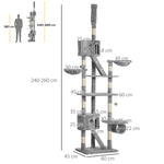 Floor-to-ceiling cat tree, height-adjustable cat tower from 240-260 cm with multiple levels, light gray