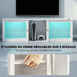 Meuble TV avec éclairage LED pour télévision jusqu'à 70 pouces, 160cm avec étagères en verre réglables, blanc