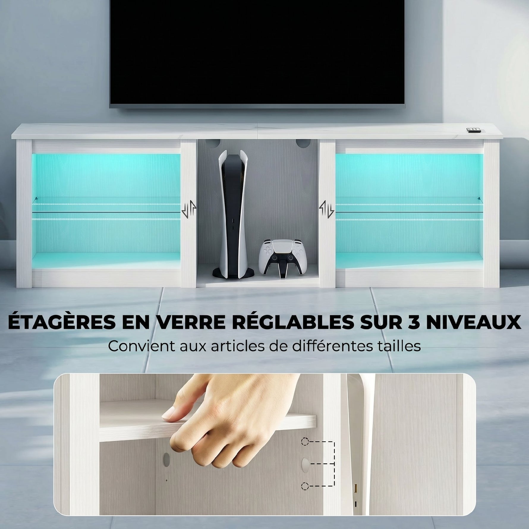 Meuble TV avec éclairage LED pour télévision jusqu'à 70 pouces, 160cm avec étagères en verre réglables, blanc