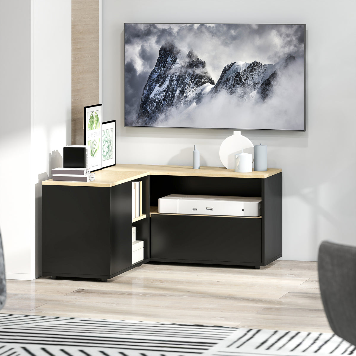 Corner TV stand, television bench for up to 40 inches with 2 cabinets and 3 compartments, 90 x 90 x 45 cm, oak and black