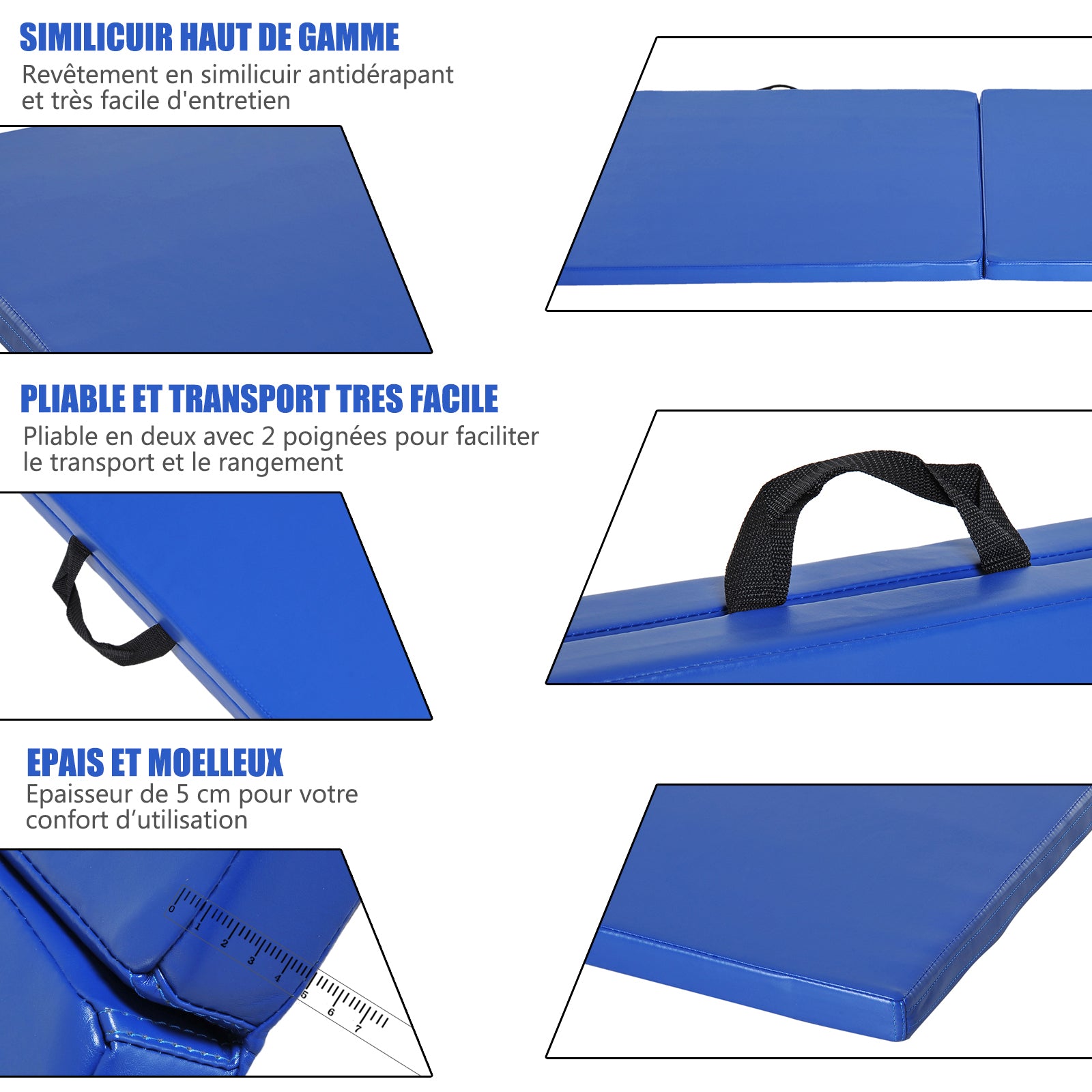 Tapis de gymnastique yoga pilates fitness pliable portable grand confort 180L x 60l x 5H cm revêtement synthétique bleu