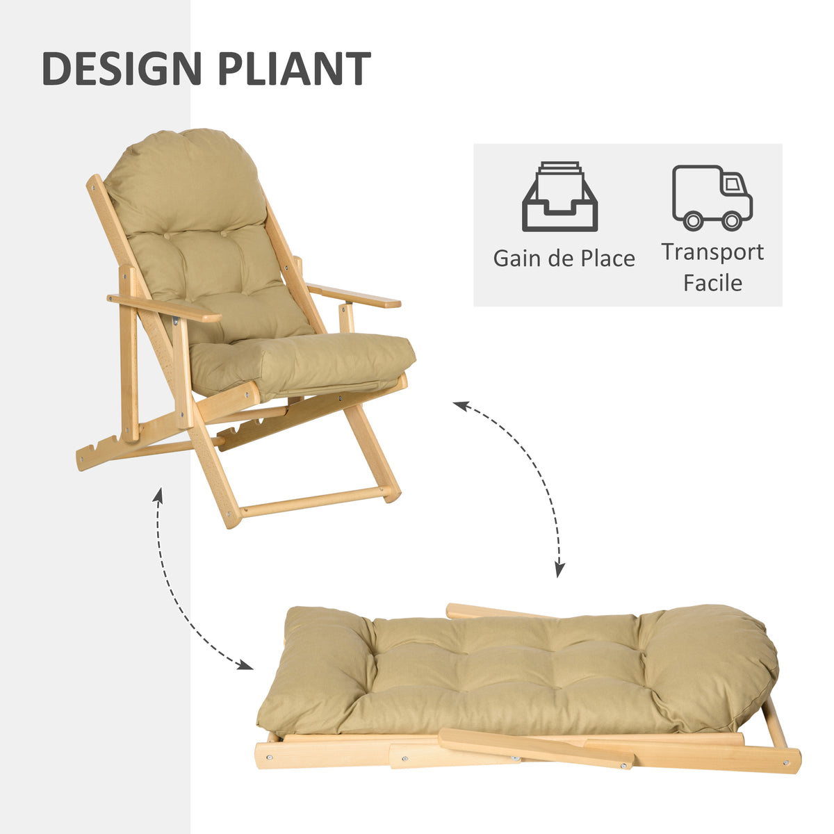 Fauteuil Chaise de Salon Pliable et inclinable en Bois Fauteuil Relax Confortable avec Coussin capitonné épais - 71 x 89 x 96 cm marron clair