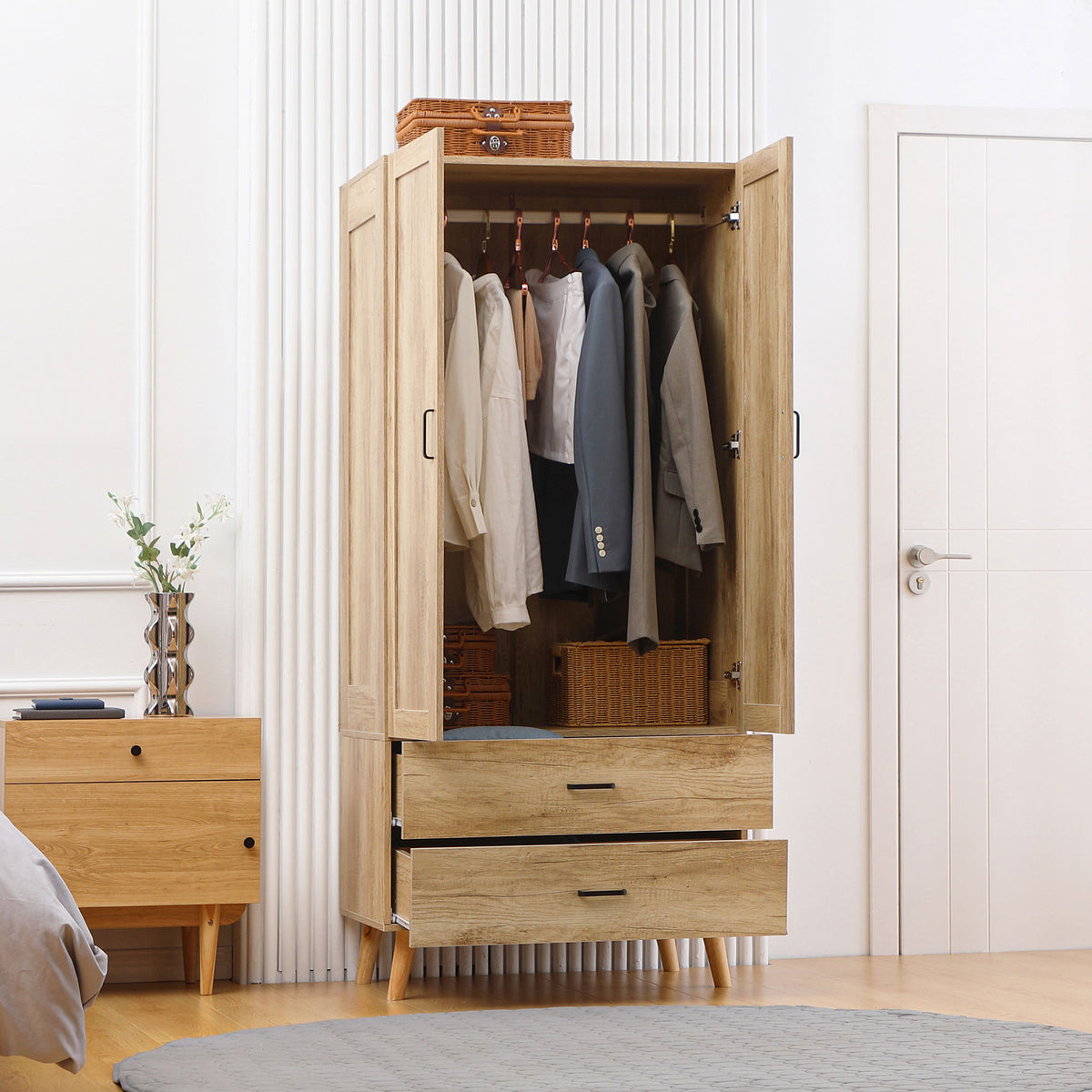 Armoire à vêtements armoire de rangement 2 portes et 2 tiroirs avec tringle - 80 x 54 x 180 cm