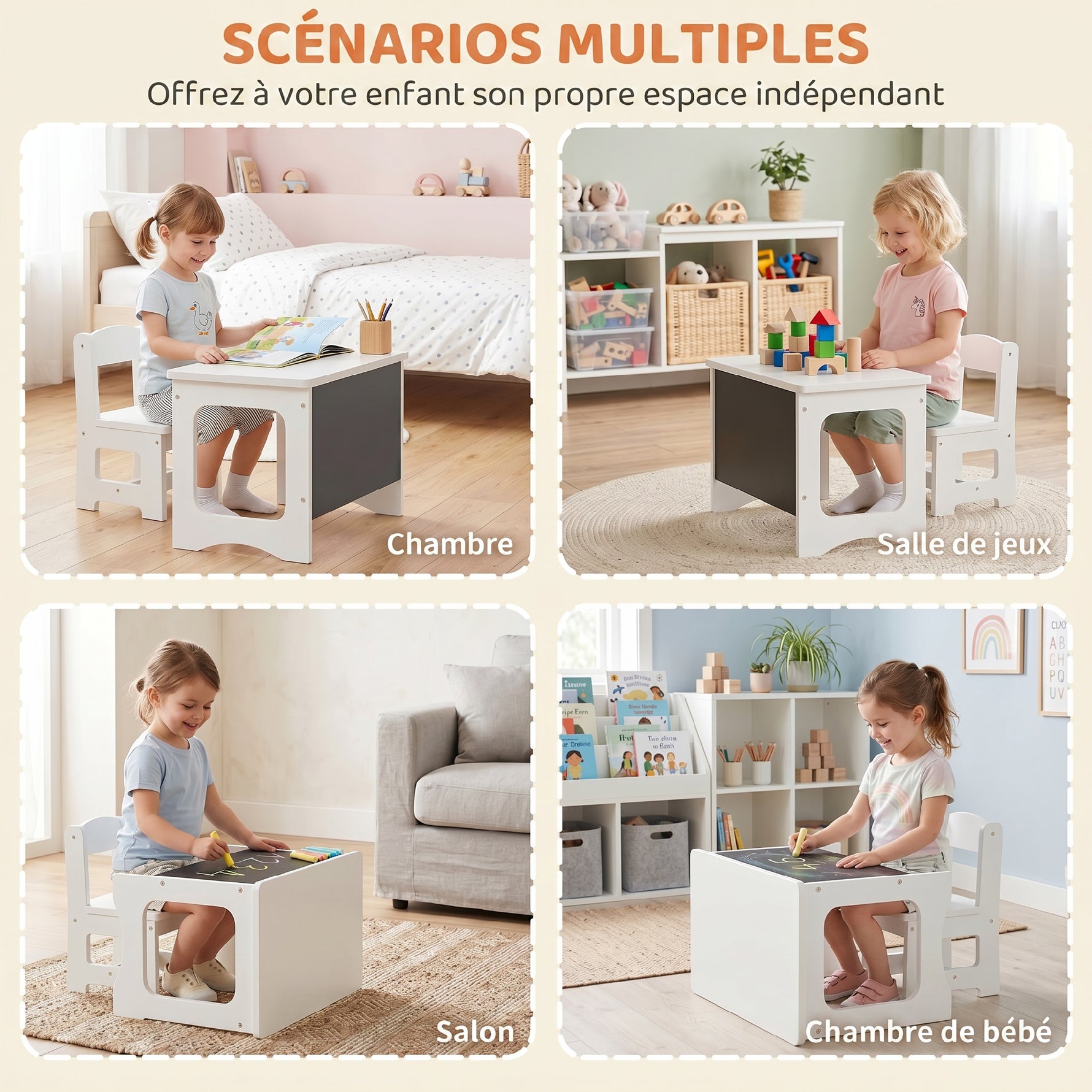 Bureau et Chaise pour Enfant avec Plateau Réversible Tableau Noir, 3 à 6 Ans, Blanc