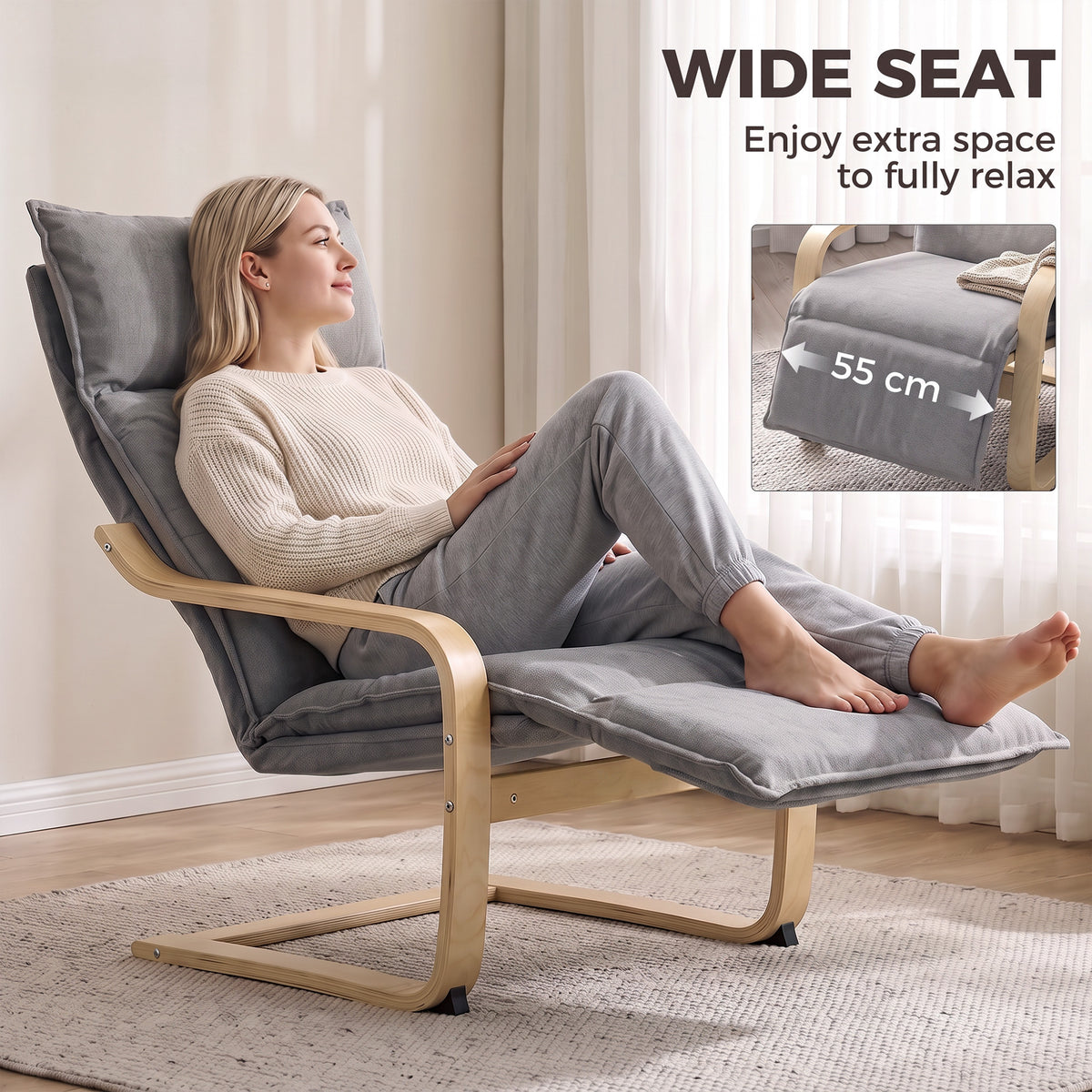Fauteuil Salon, Fauteuil d'Appoint Rembourré en Lin avec Repose-Pieds, Assise Large, Bascule Douce, Dossier Haut, Gris