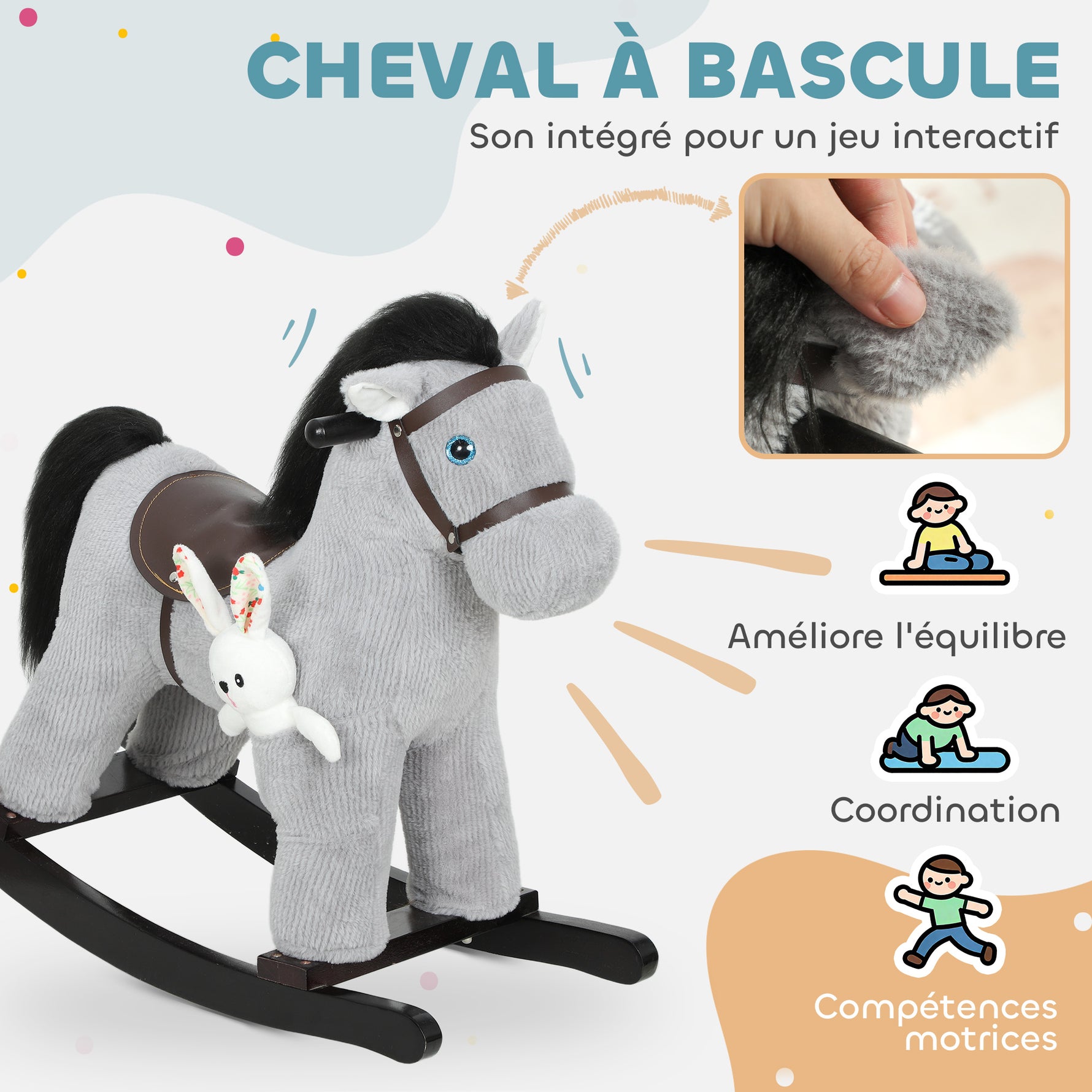 Cheval à bascule pour enfants, jouet à bascule bébé en peluche avec eouetffet sonore et poupée, 71 x 26 x 55 cm, gris