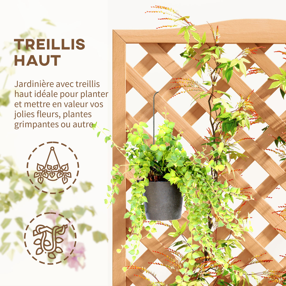 Jardinière avec treillis bac à fleurs avec treillis fond à lattes bois massif 76 x 36 x 170 cm marron