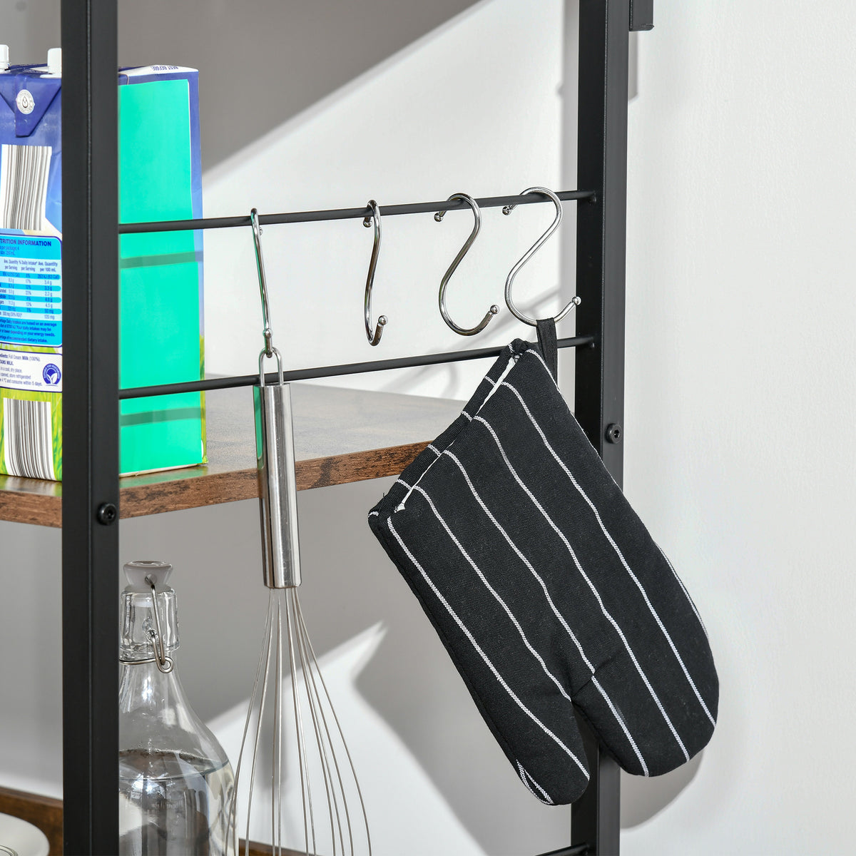 Étagère de cuisine, étagère micro-onde 3 étagères plateau crochets châssis acier 60 x 40 x 125 cm effet bois d'acajou