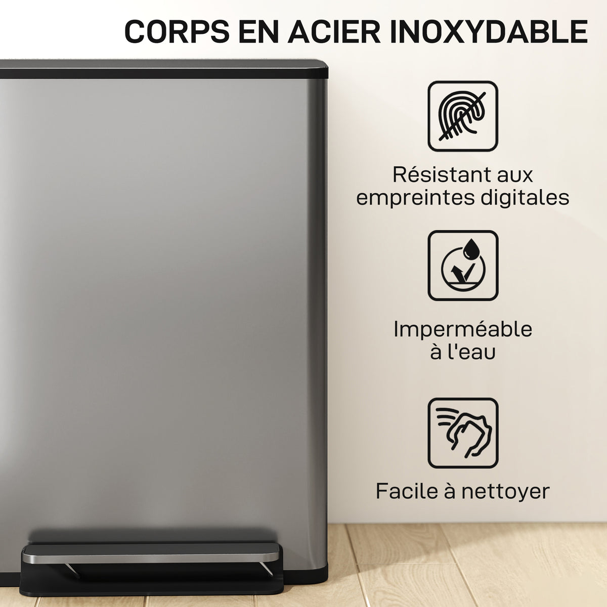 Poubelle cuisine 50L, poubelle à pédale, seau intérieur amovible, couvercle à fermeture douce, 41,7x36,6x62cm, argent