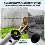 Serre tunnel de jardin 24m², serre de jardin tunnel avec cadre en acier galvanisé, portes et 2 grandes fenêtres, blanc