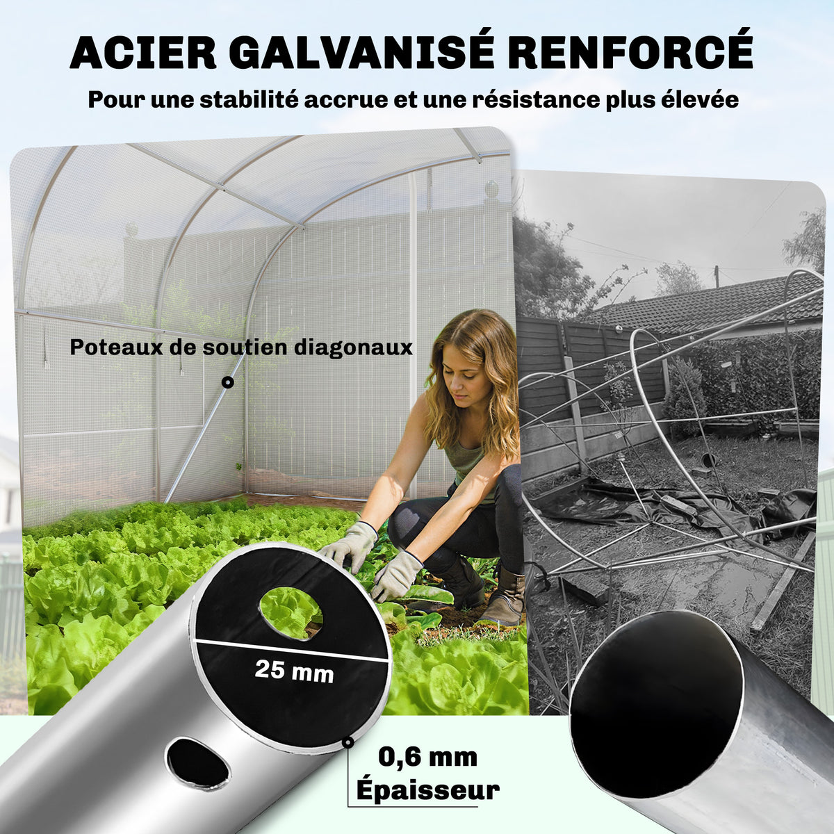 Serre tunnel de jardin 24m², serre de jardin tunnel avec cadre en acier galvanisé, portes et 2 grandes fenêtres, blanc