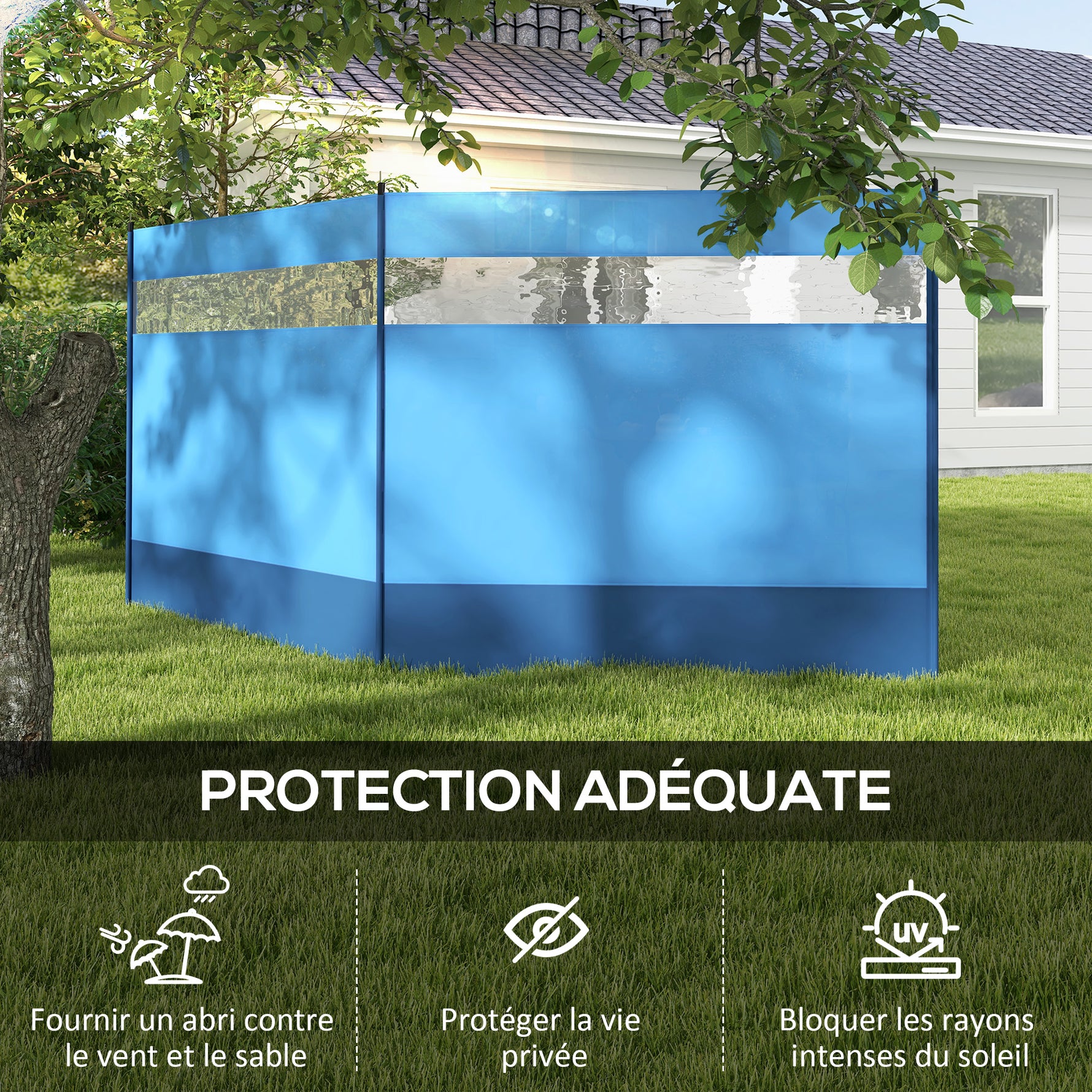 Paravent brise-vent de camping portable pliable avec sac de transport et poteaux en acier dim. 440 cm x 140 cm bleu
