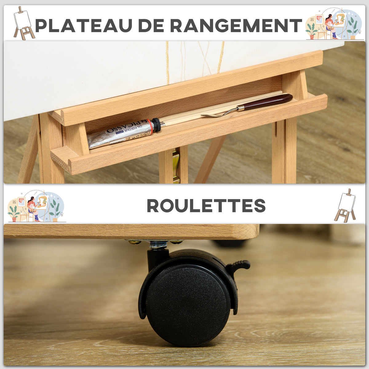 Chevalet d'artiste sur roulettes pliable en bois de hêtre pour toiles à peindre jusqu'à 118 cm bois naturel