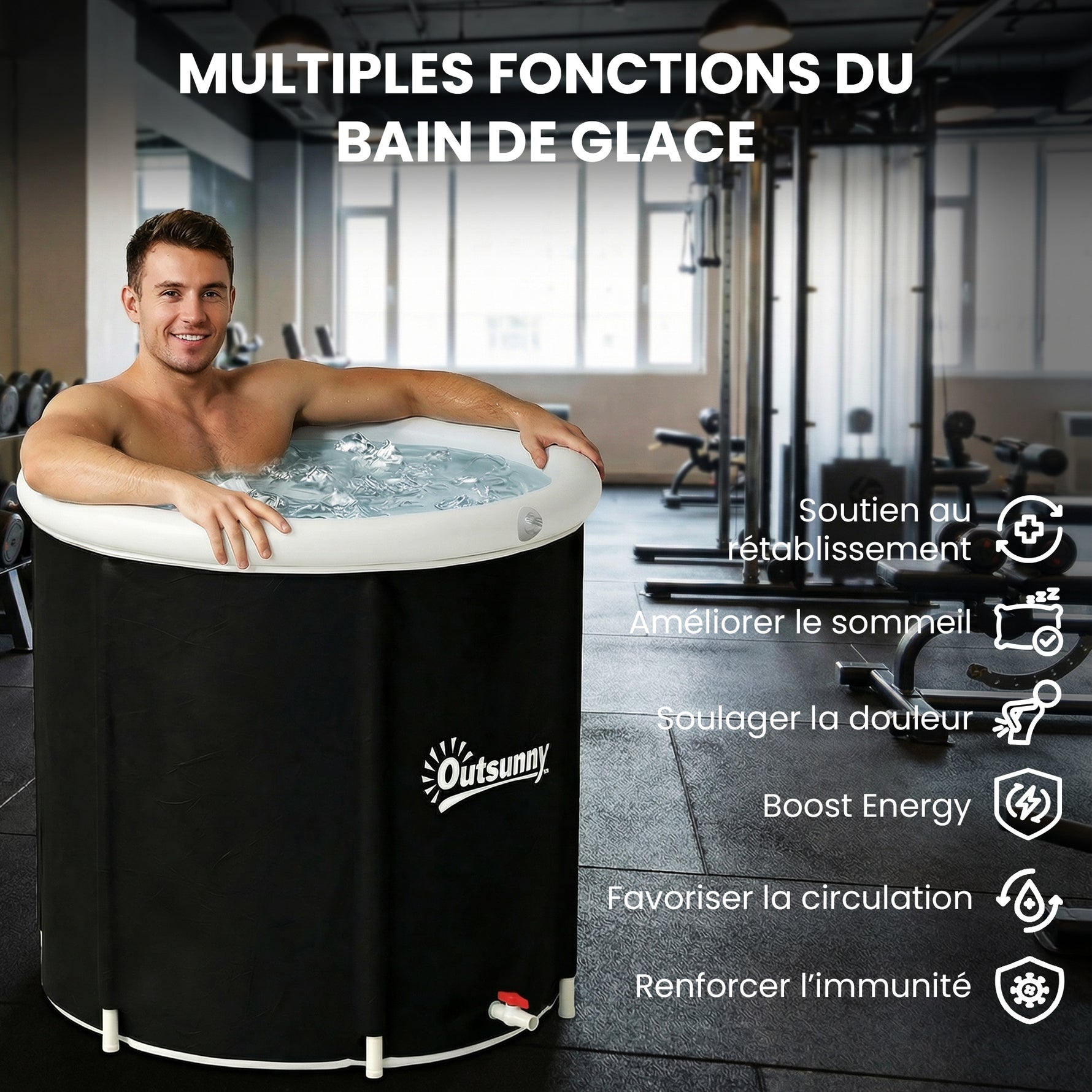Baignoire à Glace Pliable Gonflable 280 L avec Couvercle et Pompe pour Entraînement à l'Eau Froide, 78x78x71 cm, Noir