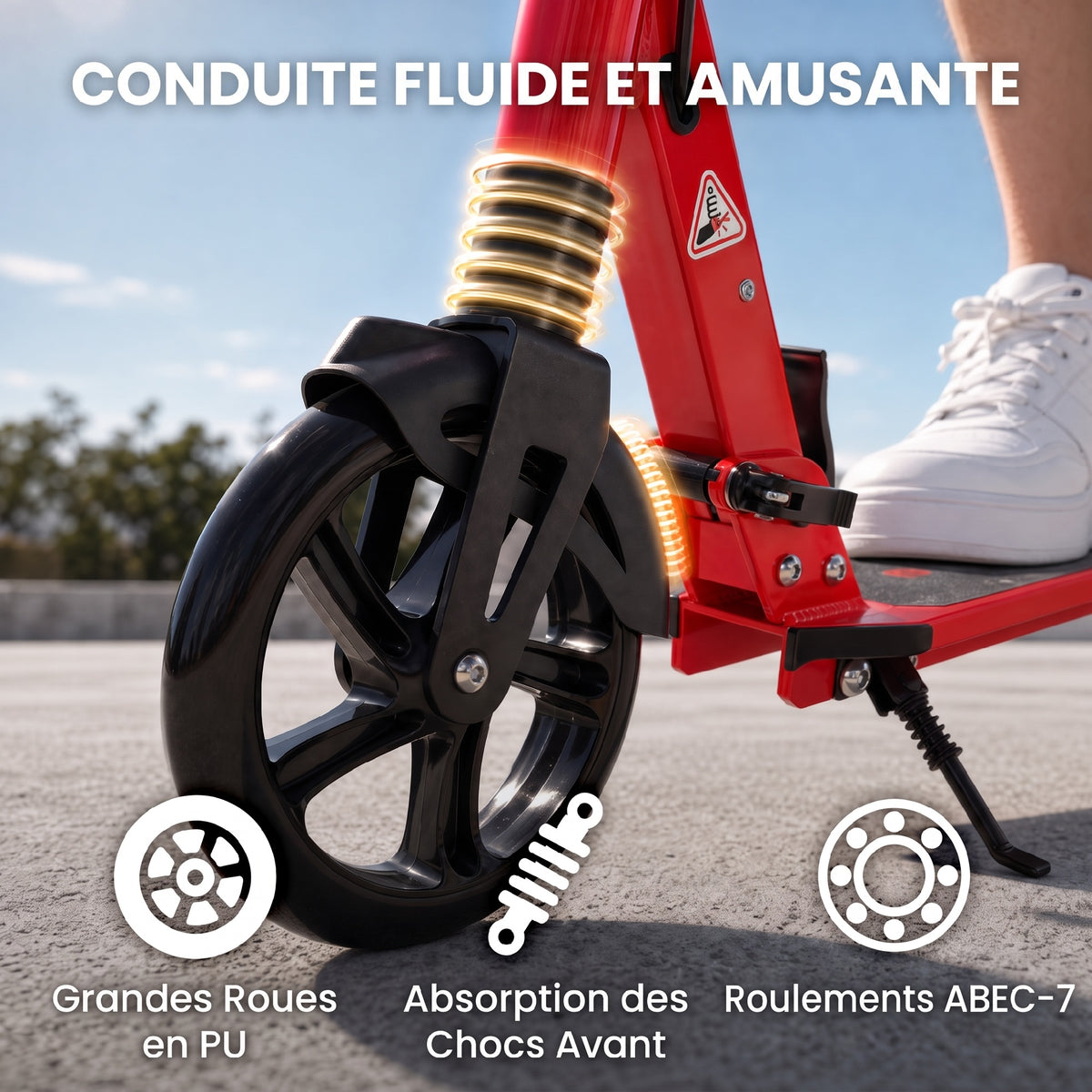 Foldable Aluminium Scooter, Adjustable Handlebar, Dual Hand/Foot Braking, 18 cm PU Wheels, 86x38x103.5cm, Red