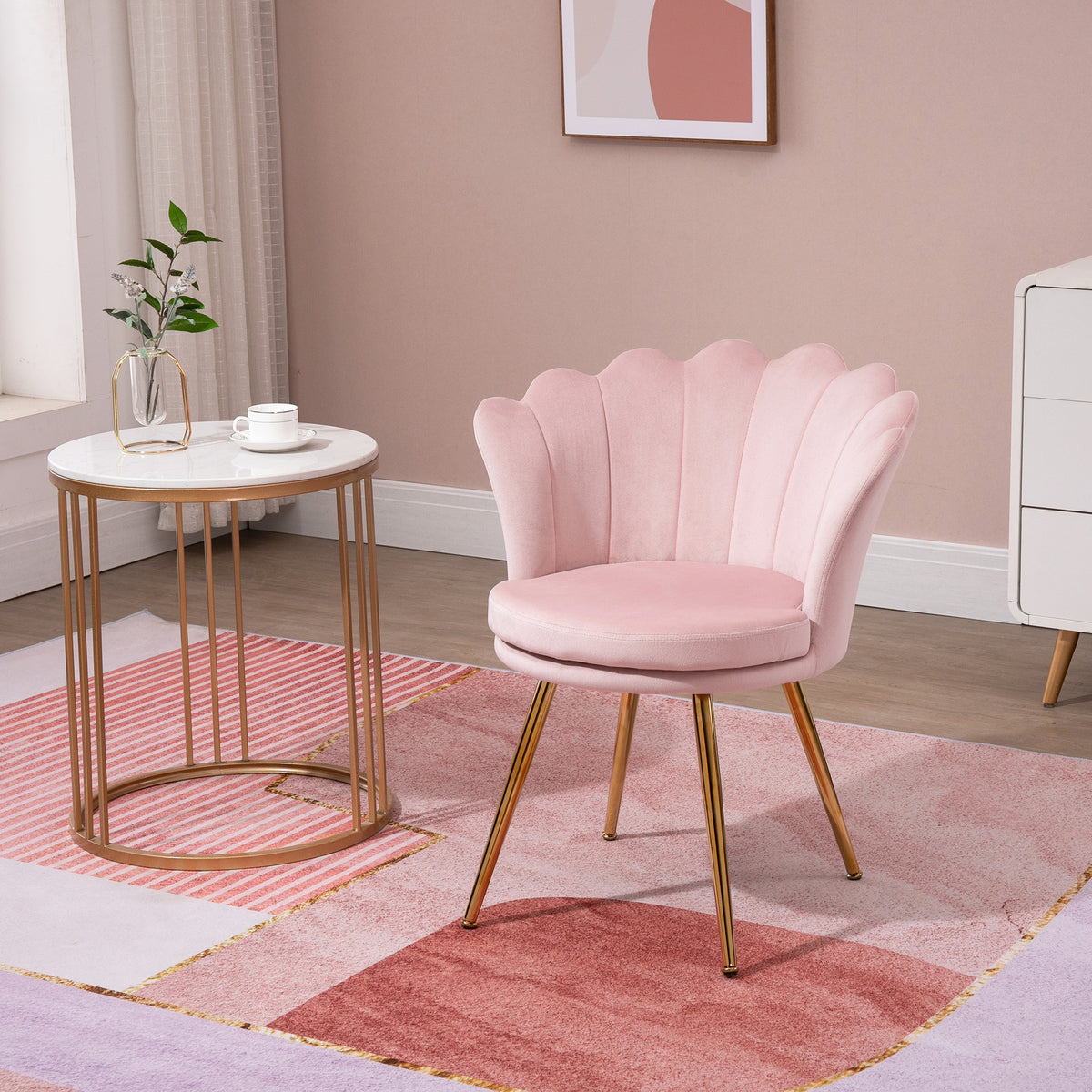 Lot de 2 fauteuil coquillage Fauteuil rose Fauteuil de salon Chaise en velours pieds métal dorés effilés dim. 67l x 64P x 77H cm rose