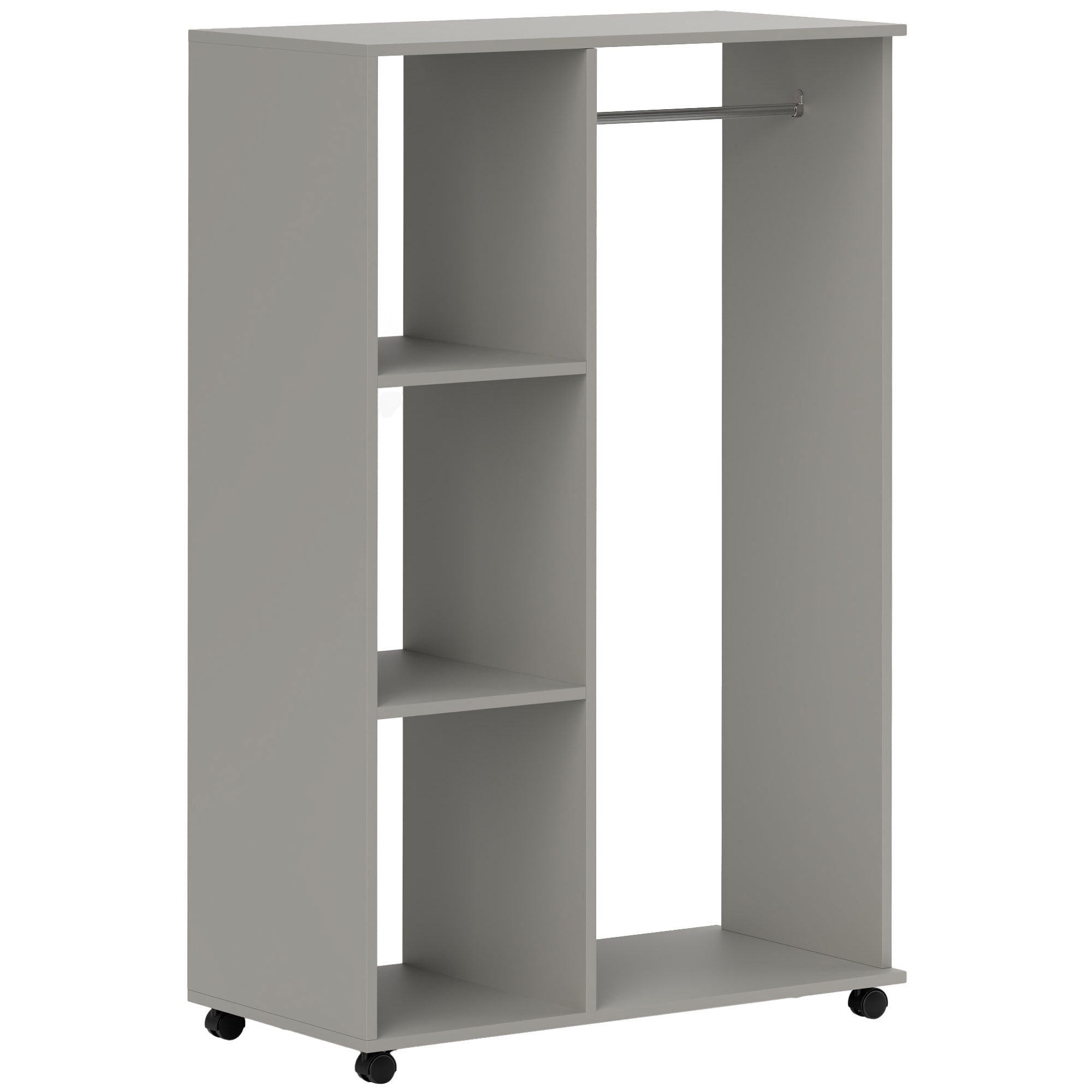 Armoire penderie meuble de rangement mobile 4 roulettes avec tringle à vêtements et étagères ouvertes, gris