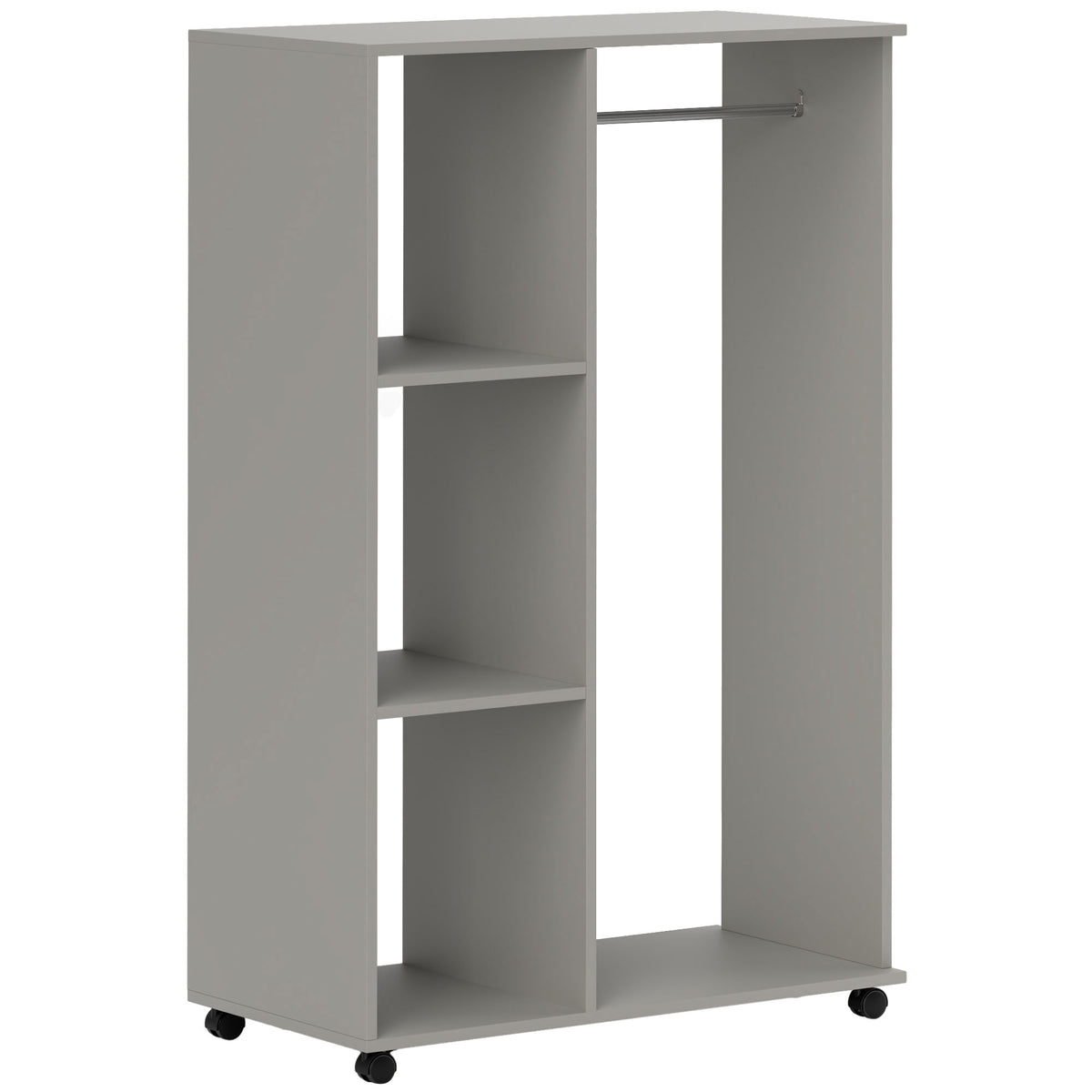 Armoire penderie meuble de rangement mobile 4 roulettes avec tringle à vêtements et étagères ouvertes, gris