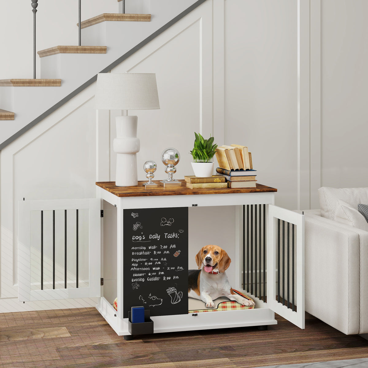 Cage pour chien cage chien intérieur avec 2 portes tableau noir pour chiens taille moyenne 20 kg 80 x 60 x 70 cm blanc