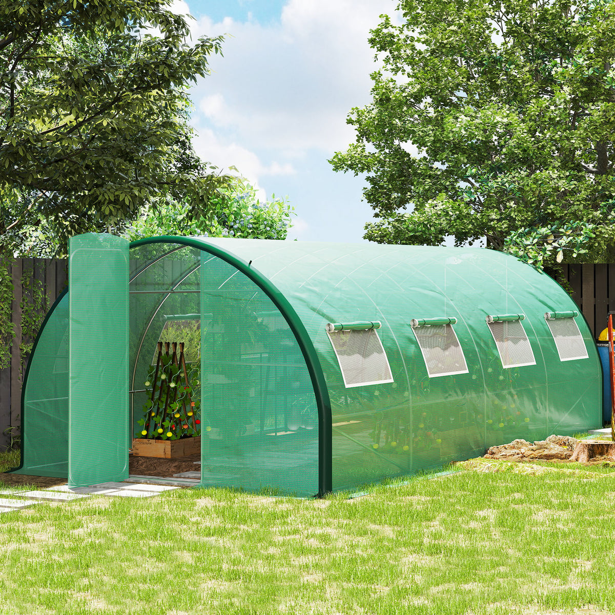 Serre de jardin tunnel serres tunnel 18 m² 8 fenêtres 2 portes articulées toile PE structure en fer galvanisé vert