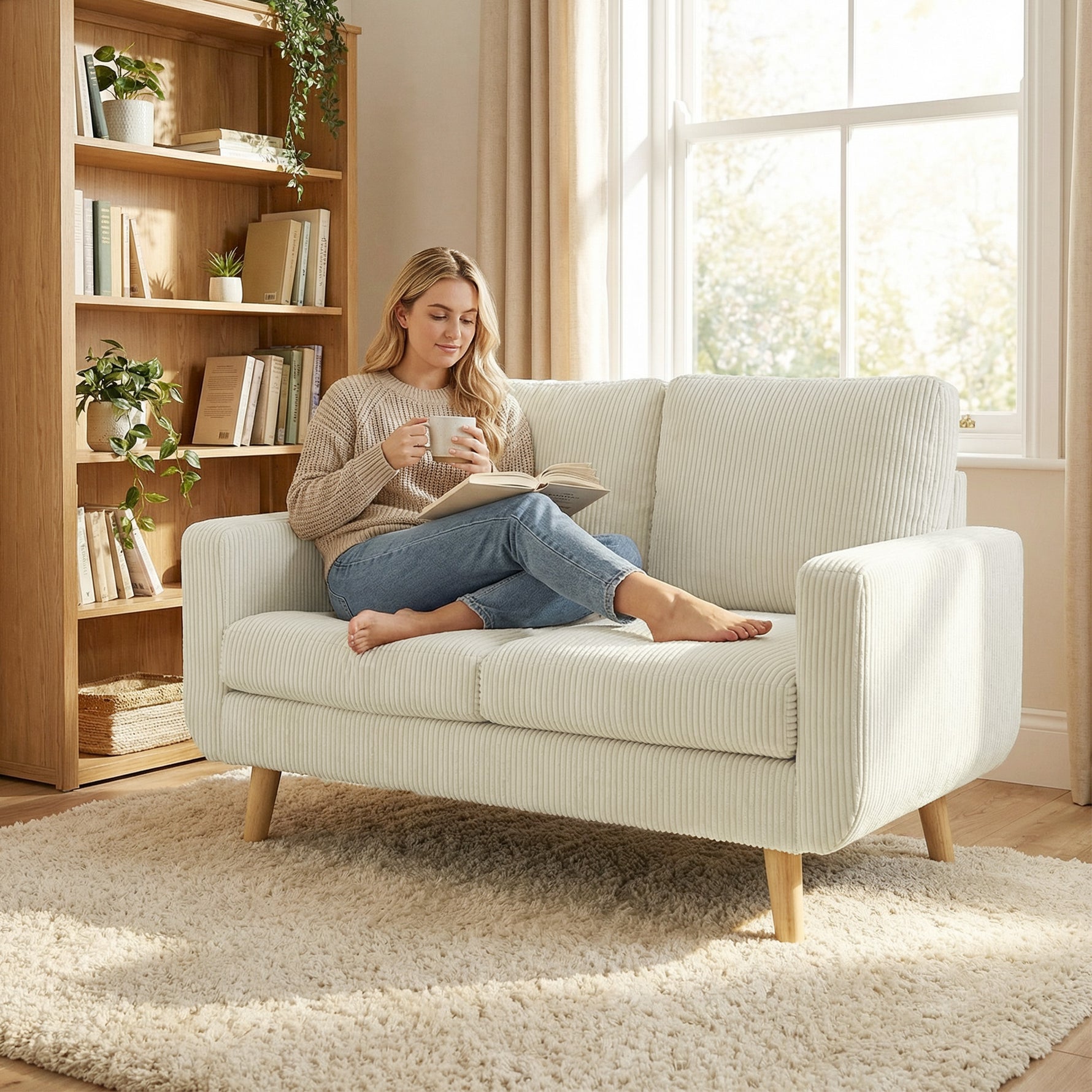 Canapé 2 places en velours côtelé, canapé de salon moderne 134 cm, assise rembourrée, coussin à ressorts, crème
