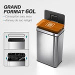 Poubelle à capteur 60 L avec couvercle à fermeture douce, poubelle de cuisine automatique en acier inoxydable, argenté