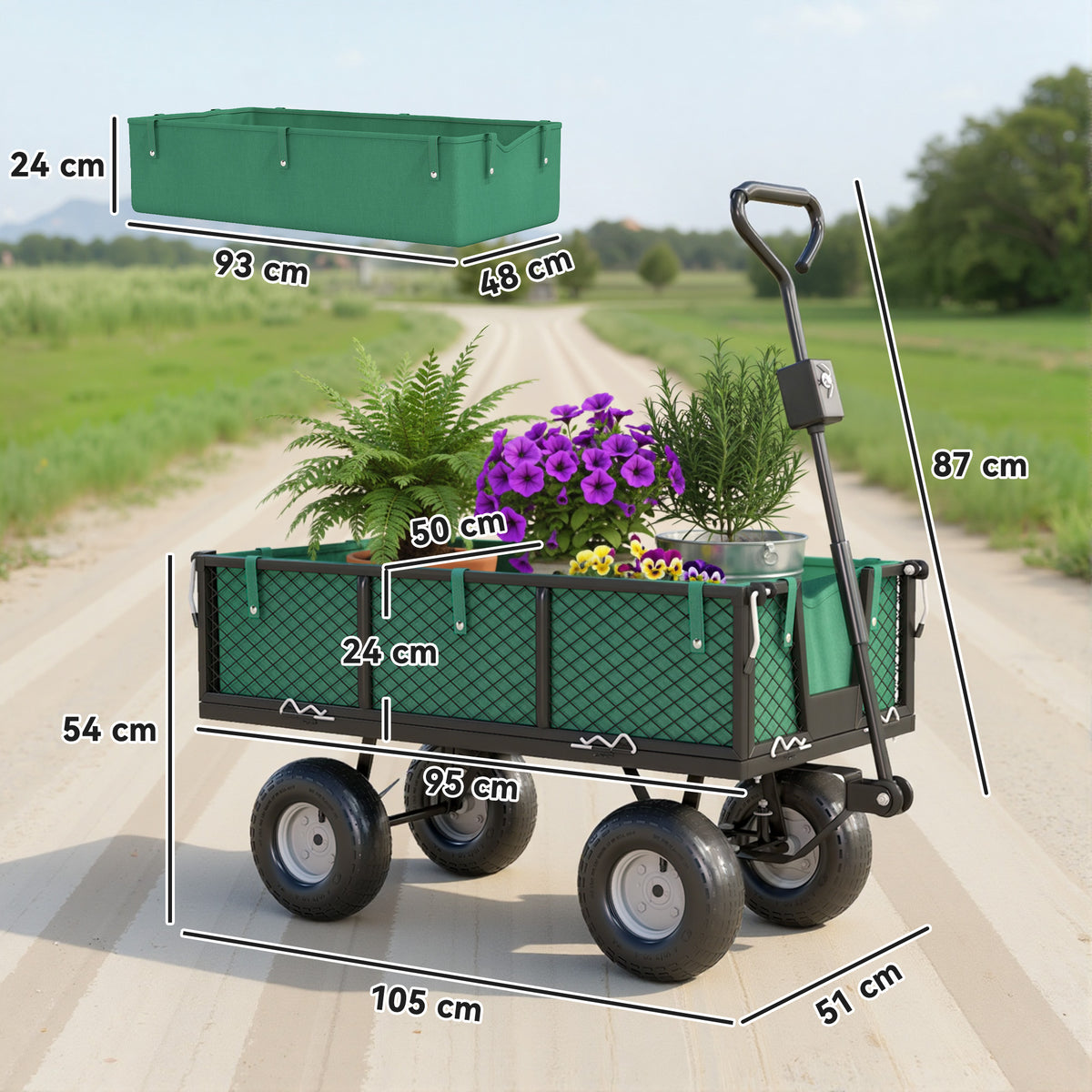 Gartenwagen 300 kg, Bollerwagen mit abnehmbarer Plane und 180° drehbarem Griff, klappbare Seitenteile, Grün