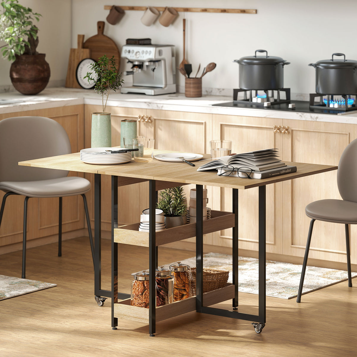 Table à manger pliante sur roulettes 4 personnes avec compartiments ouverts, pour petits espaces, salle à manger, chêne