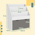 Bibliothèque pour enfants Multi-Rangement avec 3 niveaux d'étagères et un tiroir, 62,5L x 30l x 70H cm, gris et blanc