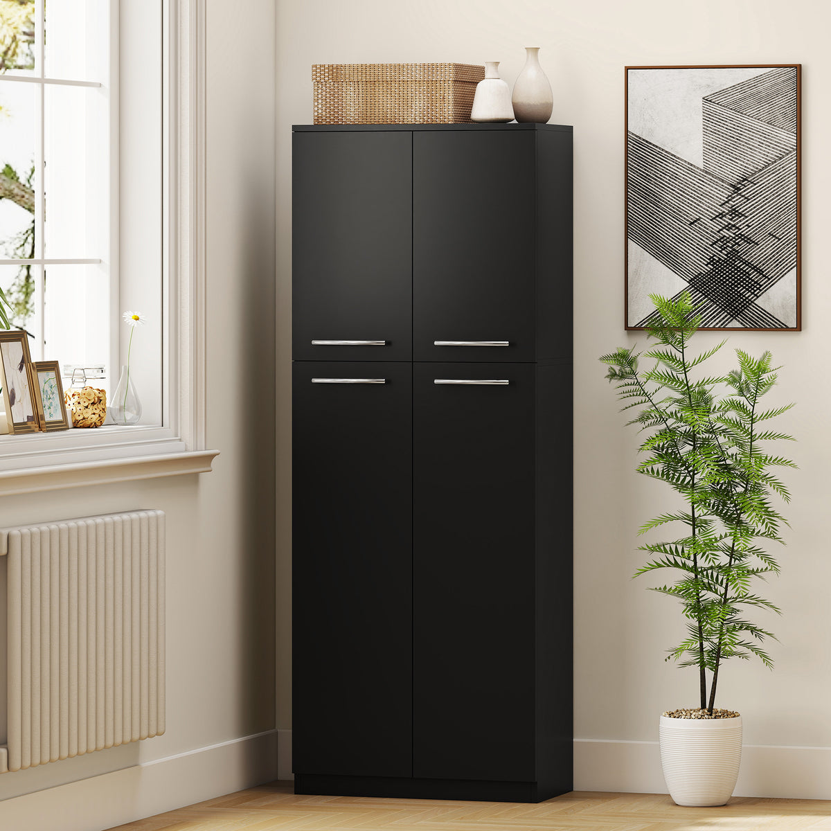 Hoher Küchenschrank, Küchenschrank mit 2 Türen und verstellbaren Einlegeböden, moderner Stil, 59 x 31 x 155 cm, Schwarz