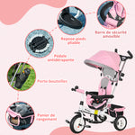 Grow-with-Me Kids Tricycle, Foldable Sun Canopy, Removable Telescopic Handle, 95 x 50 x 106 cm, Steel, Pink