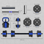 Ensemble d'haltères musculation 6-en-1 haltère réglable 20 kg kettlebell, barre de musculation support pour pompes bleu