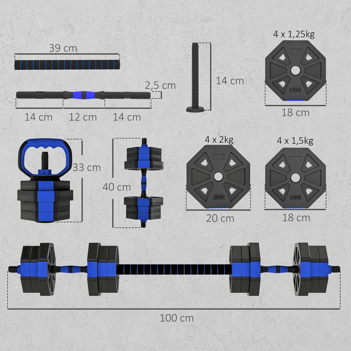 Ensemble d'haltères musculation 6-en-1 haltère réglable 20 kg kettlebell, barre de musculation support pour pompes bleu