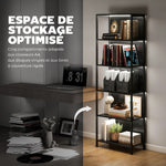 Bibliothèque étagère de rangement à 5 niveaux avec éclairage LED 7 couleurs, structure en acier, 60 x 30 x 179 cm, noir