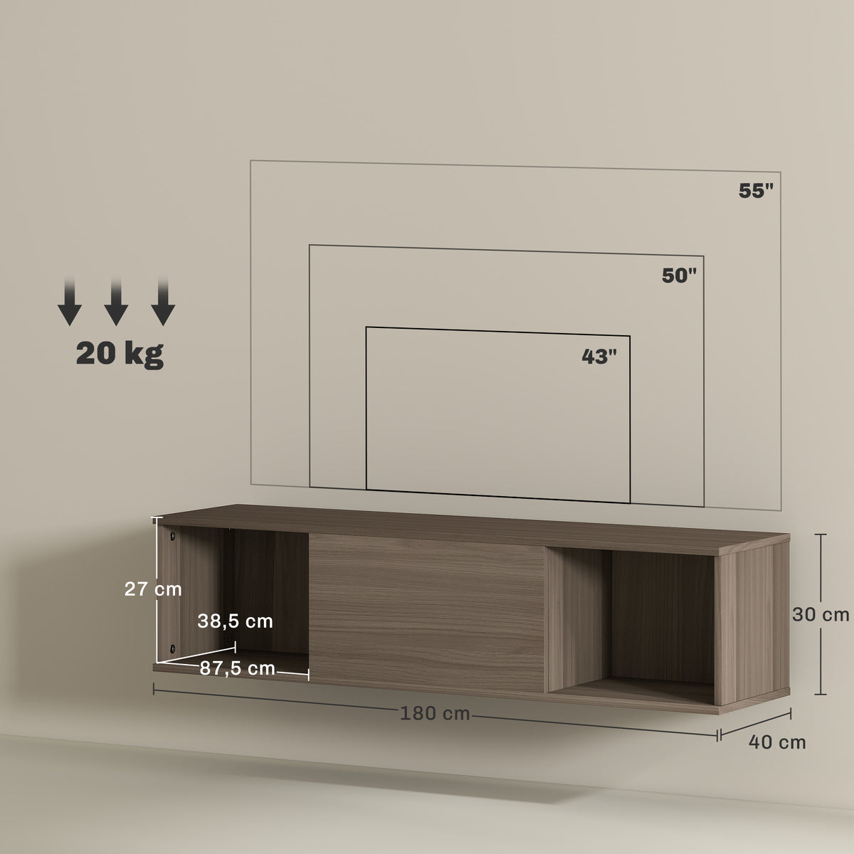 Meuble TV suspendu, Armoire murale avec 2 compartiments ouverts et porte rabattable, 120 x 30 x 29,5 cm, marron