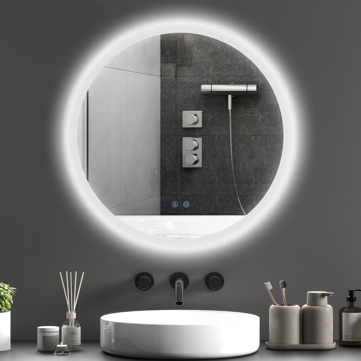 Miroir rond lumineux LED de salle de bain Ø 60 cm mural avec éclairage 3 couleurs interrupteur tactile 29 W gris