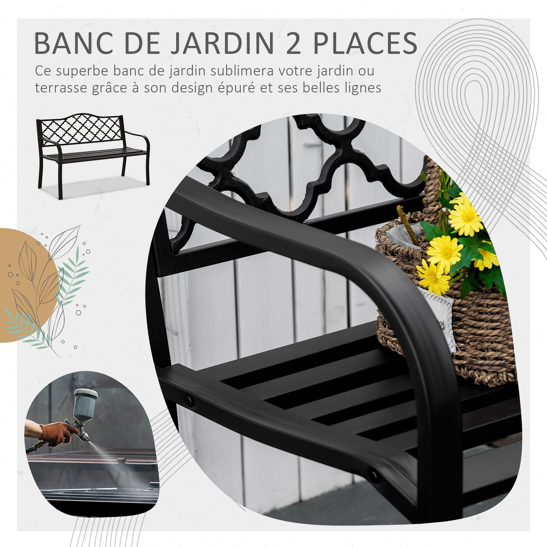 Banc 3 Places de Jardin terrasse Style Rural Chic 128L x 60l x 89H cm métal époxy anticorrosion Fonte Brun