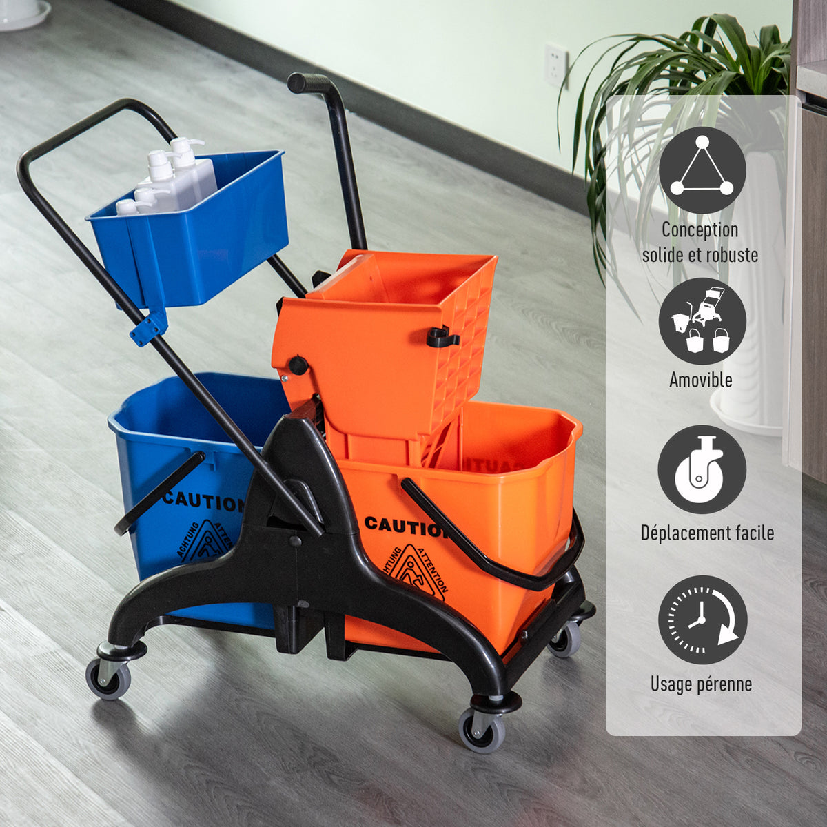 Chariot de ménage chariot de lavage professionnel essoreuse latérale seau 26 L + panier de rangements 78 x 45 x 95 cm métal et plastique orange