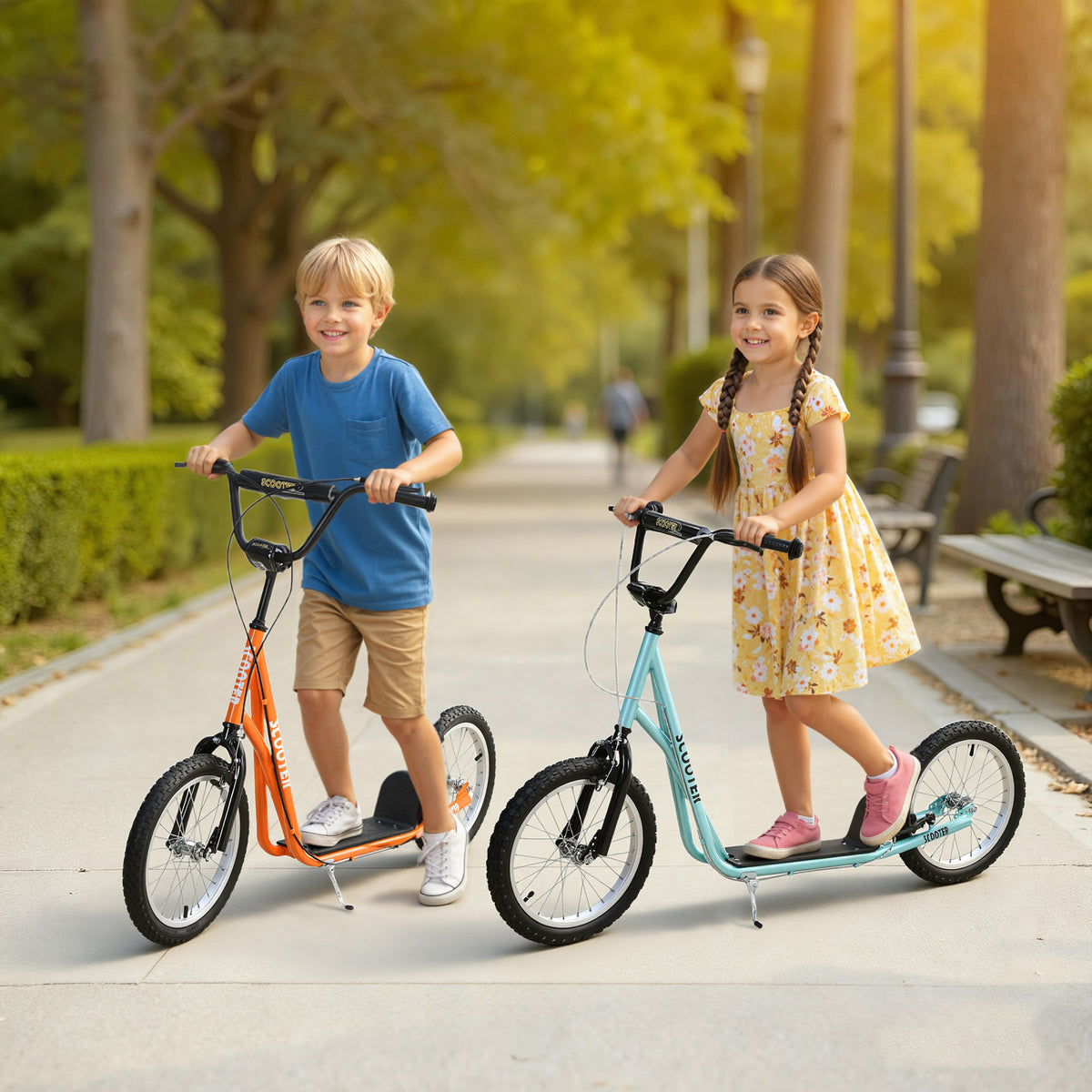 Trottinette patinette pour Enfants à partir de 5 Ans Grands pneus en Caoutchouc Guidon réglable poignée Frein et béquille Acier Charge max. 100 Kg Bleu