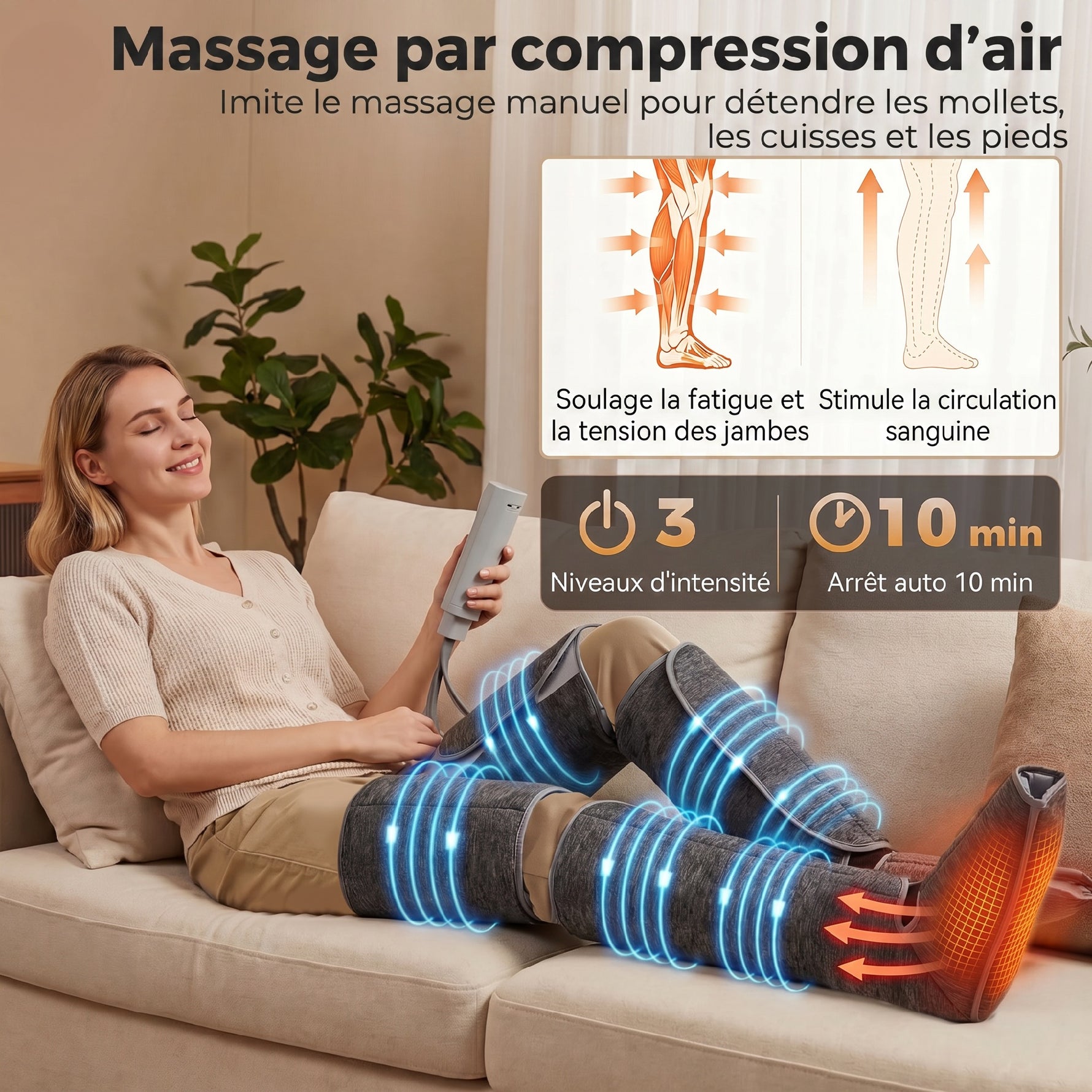 Masseur de jambes, masseur de compression pour les mollets, les genoux, les pieds avec chaleur, 3 modes automatiques