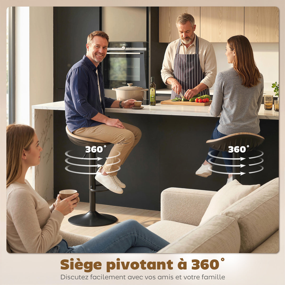 2er-Set Barhocker, höhenverstellbare Barstühle mit Fußstütze, 360° drehbar, Stahlfuß, Eiche