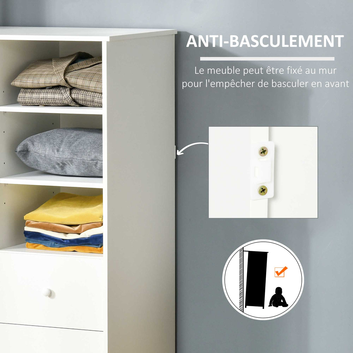 Armoire avec Porte et 5 étagères, 3 niches, 2 tiroirs, meuble de rangement blanc pour chambre, salon, bureau