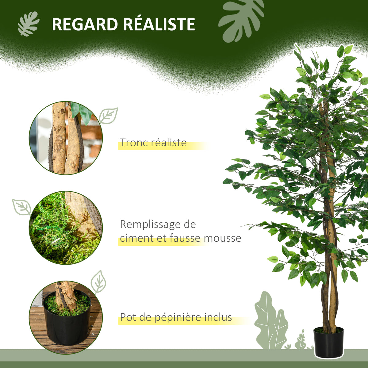 Lot de 2 plantes artificielles ficus hauteur 1,50 m tronc branches liane lichen feuilles grand réalisme pot inclus vert