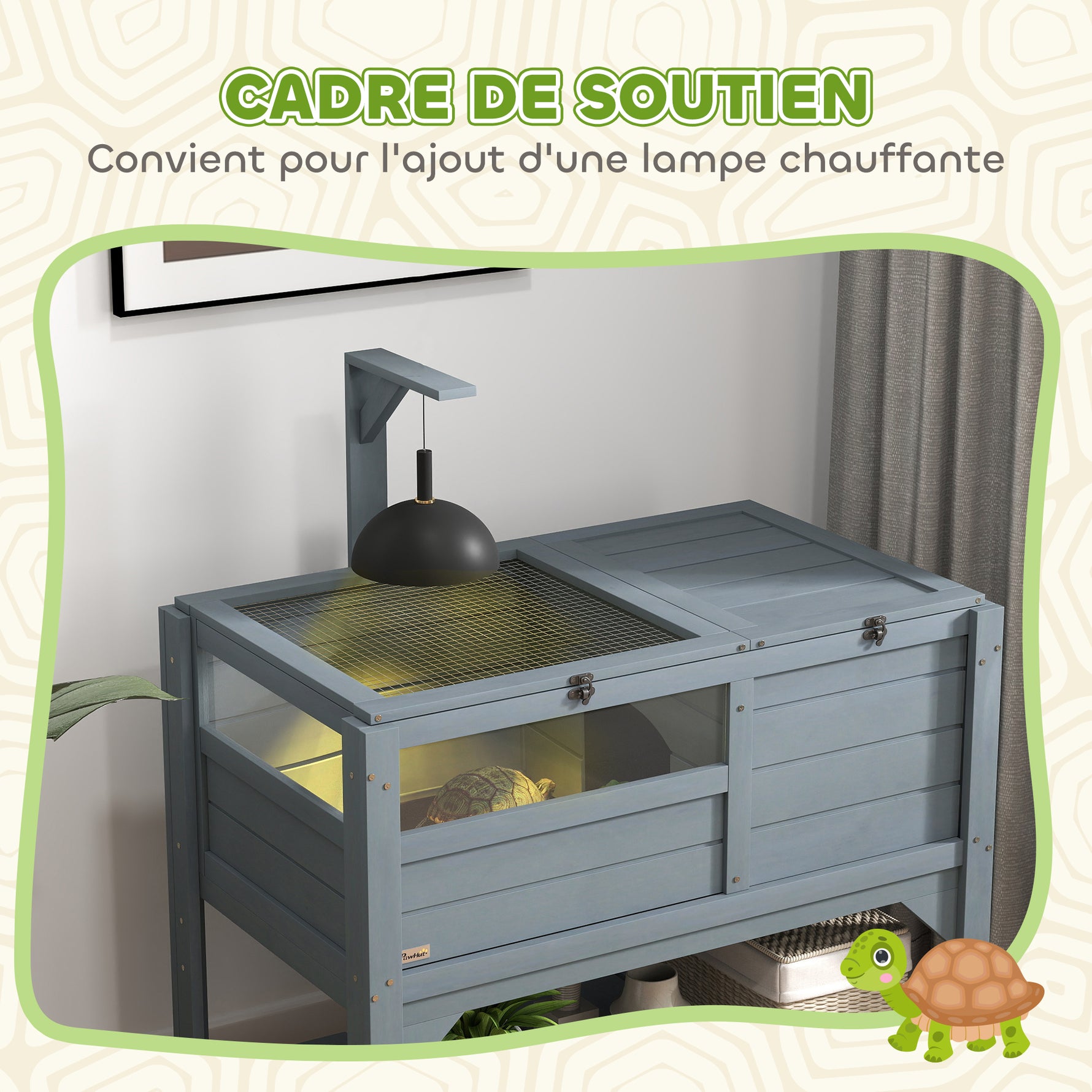 Maison enclos pour tortues sur pieds avec étagère de rangement en bois de sapin - dim. 103H x 84L x 51l cm