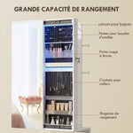 Armoire à bijoux armoire avec miroir sur pied pivotante à 360° éclairage LED 37x40x165,5cm cadre blanc, doublure noire