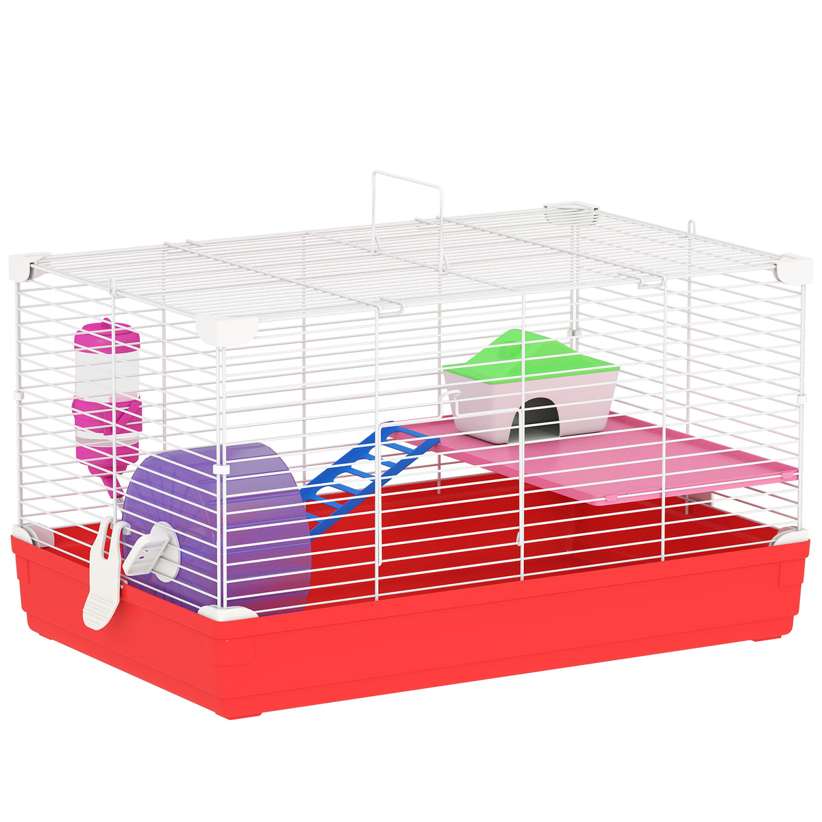 Cage hamster, cage rongeur à 2 niveaux, base amovible nettoyage facile, cabane, roue d'exercice, 47 x 30 x 27 cm, blanc