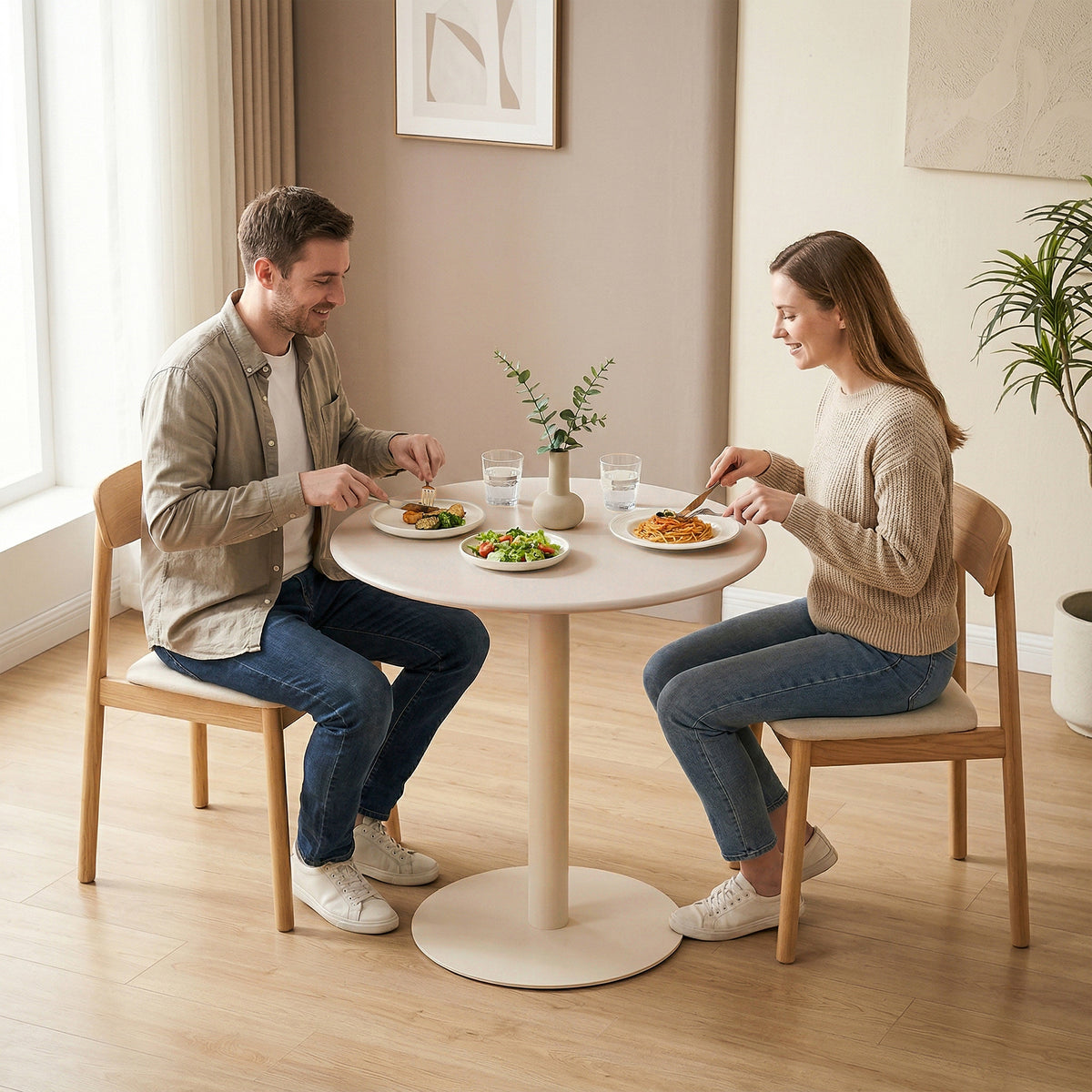 Tavolo da Pranzo Rotondo per 2 Persone Ø60 cm, Moderno con Base Rotonda, Struttura in Acciaio, per Interni ed Esterni, Beige