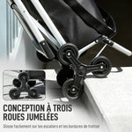 Chariot de courses pliable caddie de courses portable à roulettes avec siège pliable, sac amovible, 46x59,5x97cm, noir