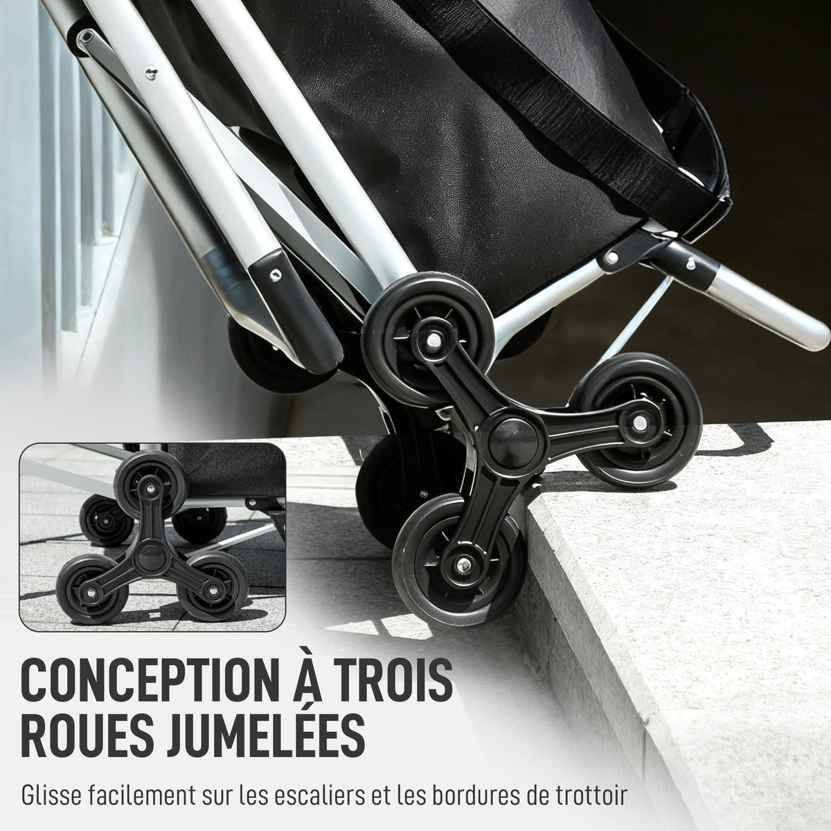 Chariot de courses pliable caddie de courses portable à roulettes avec siège pliable, sac amovible, 46x59,5x97cm, noir