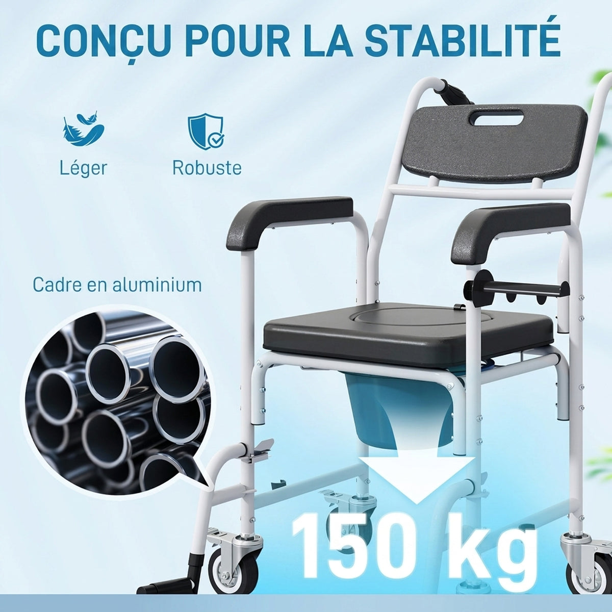 Silla con inodoro para adultos con ruedas, silla con inodoro para ducha con reposapiés, respaldo y reposabrazos, 53x97x97 cm, negro